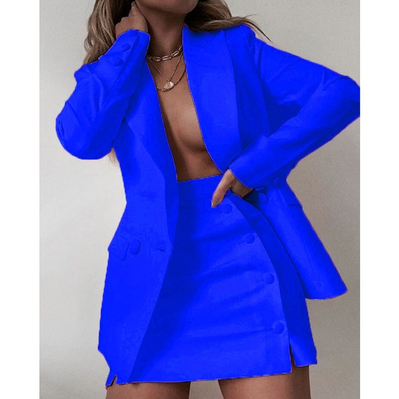 Women's Professional Work Blazer Mini Skirt Solid Color Bold Suit Short Skirt Two-piece Set