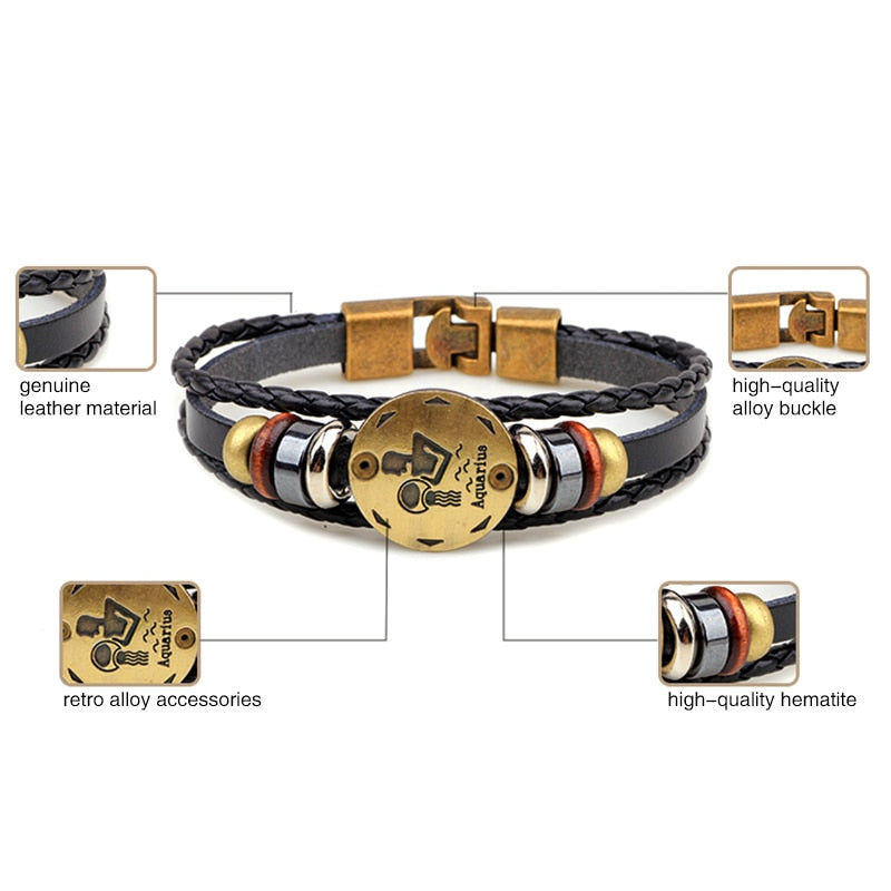 12 Horoscope Leather Bracelet Men Jewelry Vintage Retro Charm Bracelet Male Jewelry 8.2