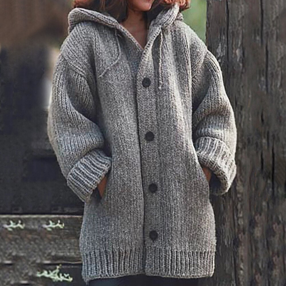 Winter Women Hooded Shacket Cardigan Casual Knit Hoodie Solid Button Knitted Sweater Coat Warm Long Sleeve Pocket Plus Size Female Knitwear Outwear