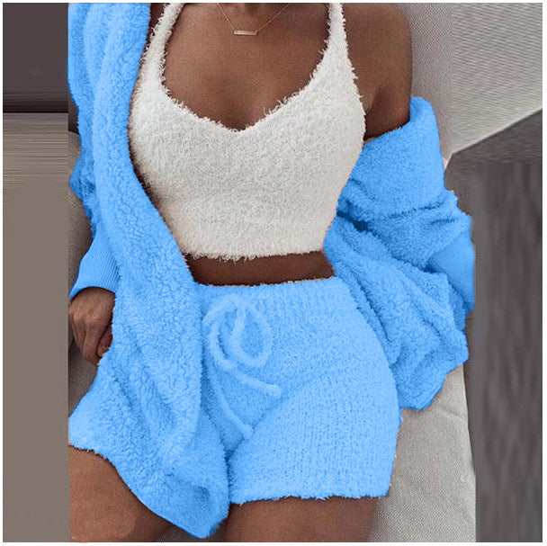 Women's Winter Plush Pajama Crop Top Shorts Set Casual Three-Piece Set 3-Pcs Pajamas Long Sleeved Shorts sports set