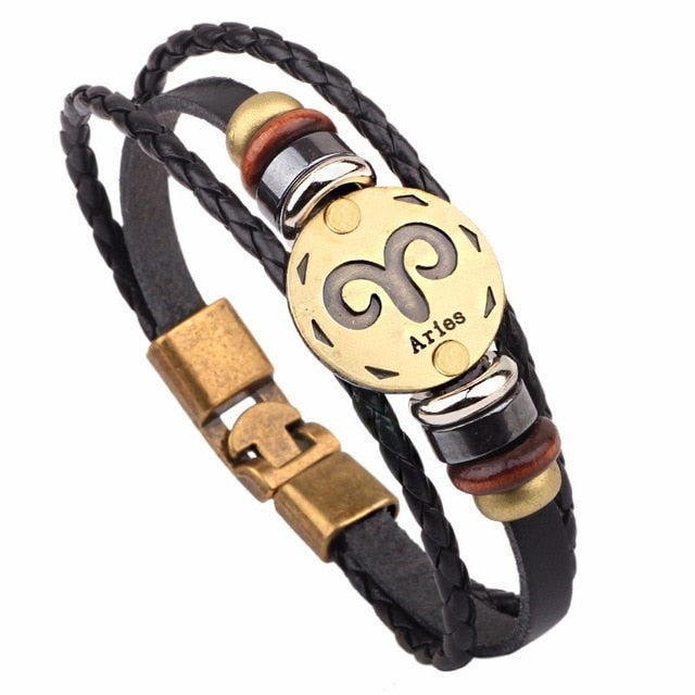 12 Horoscope Leather Bracelet Men Jewelry Vintage Retro Charm Bracelet Male Jewelry 8.2