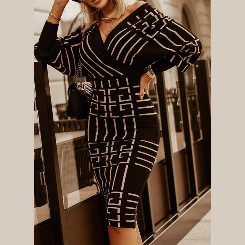 Women's Fall Fashion V-neck Geometric Bodycon Sweater Dress