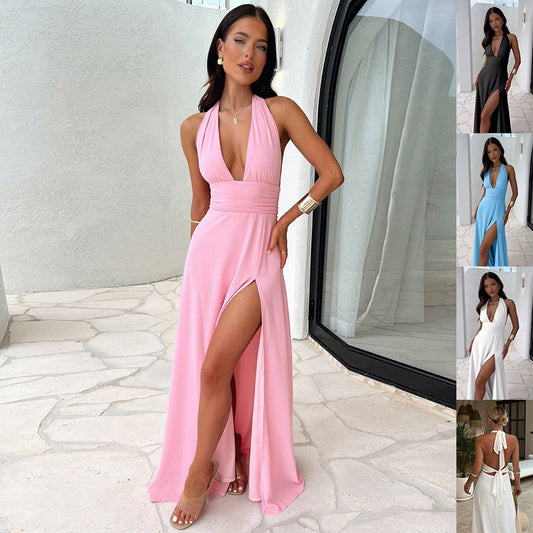 Sexy Halterneck V-neck Slit Dress Summer Backless Strappy Skirt Fashion Temperament Clothing Women - Clothing Personality 