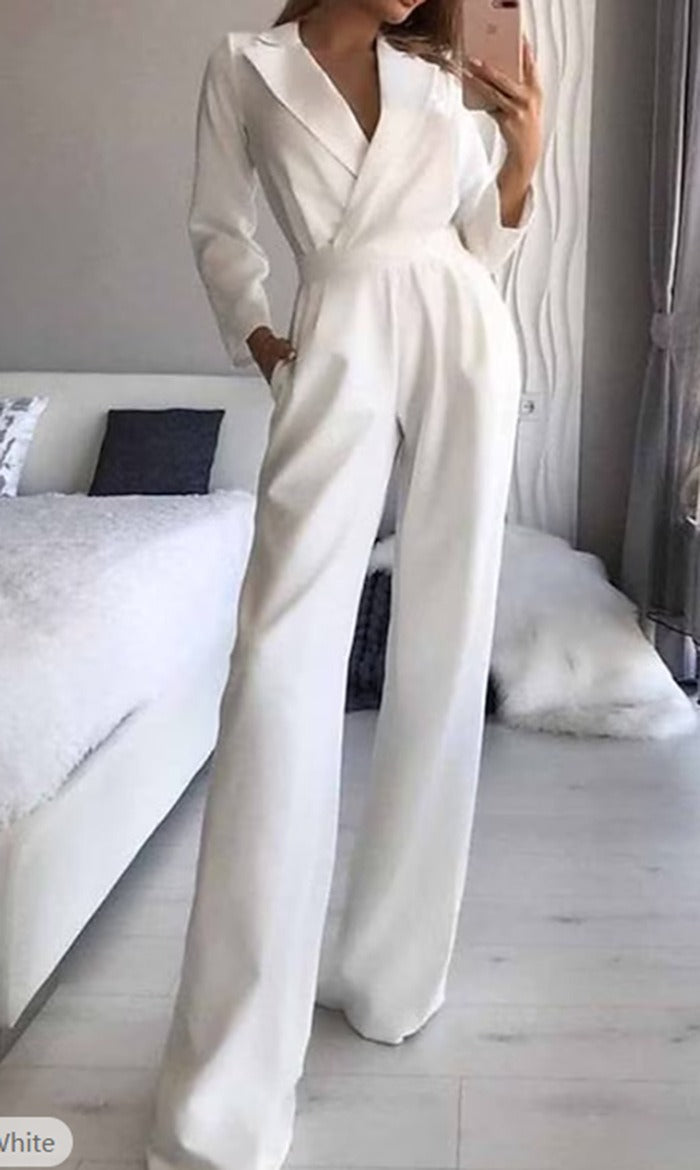 Women's Fall Long Sleeve Jumpsuit with Pockets Mid Waist Solid Color V Neck