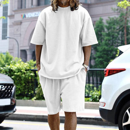 2pcs Loose Sports Shorts Set Suits Summer Round Neck Short Sleeve T-shirt And Drawstring Pockets Shorts Casual Solid Color Set Mens Clothing - Clothing Personality