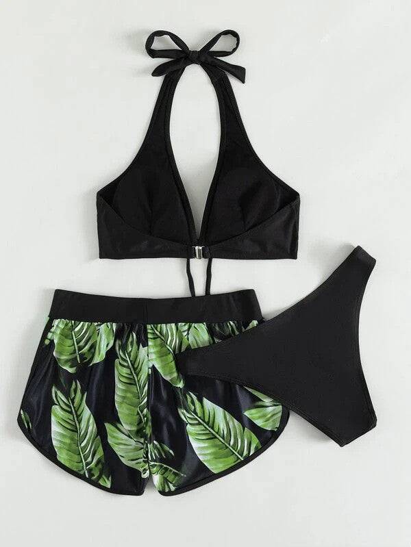 3pcs Leaf Print Bikini With Shorts Fashion Summer Beach Swimsuit Womens Clothing - Clothing Personality