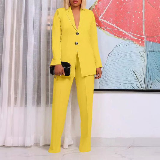 Women's Solid Color Suit Collar Two Button Two-piece  Pants Set Suit Business