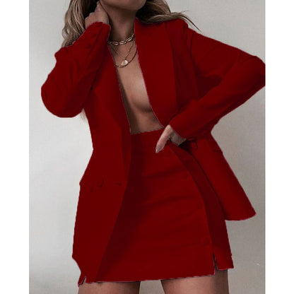 Women's Professional Work Blazer Mini Skirt Solid Color Bold Suit Short Skirt Two-piece Set