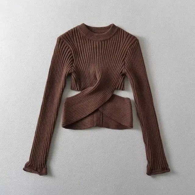 Women's Cut Out Knitted Pullover Sweater Round Neck Slim Long Sleeve Hollow Out Cross Waist Bottom Sweater