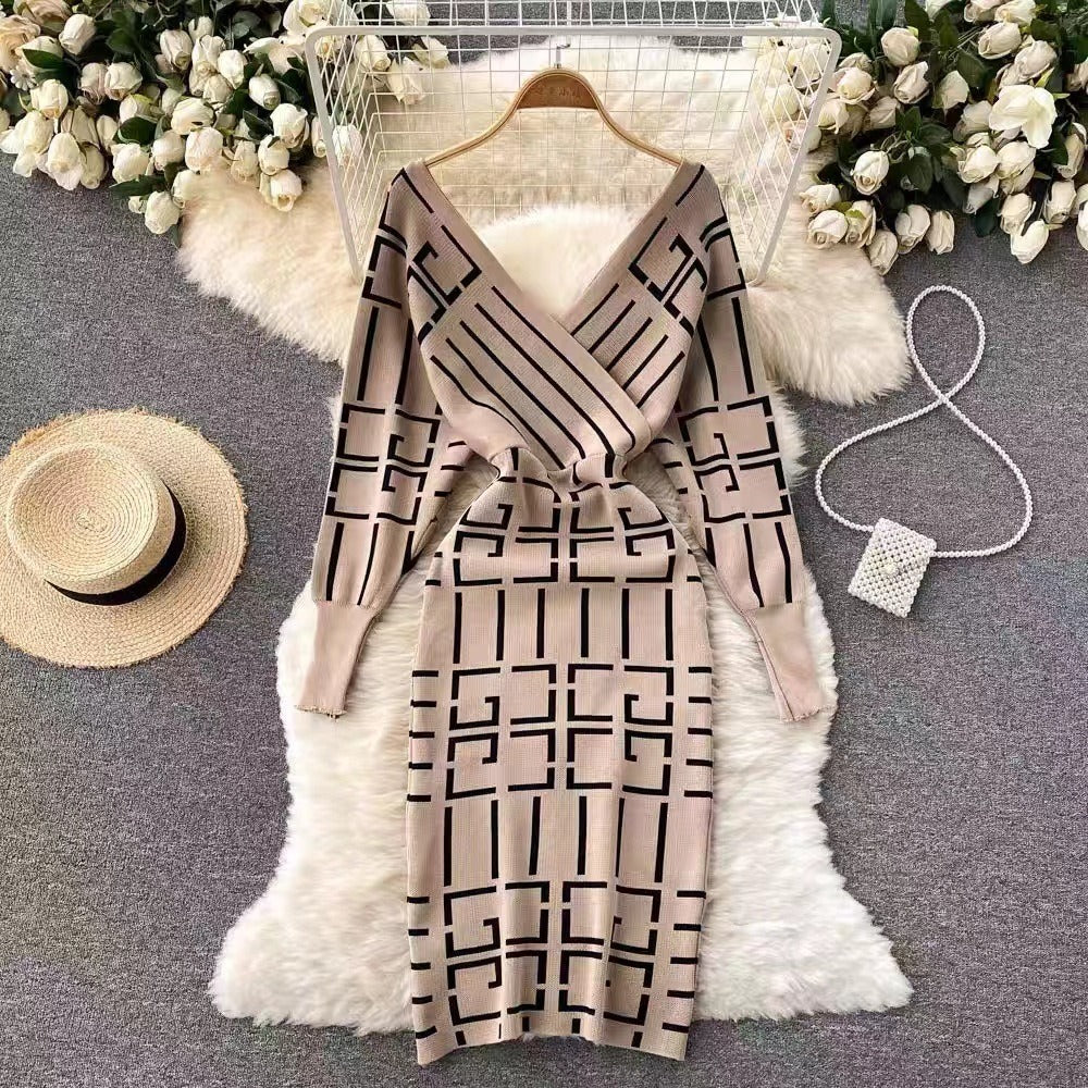 Women's Fall Fashion V-neck Geometric Bodycon Sweater Dress