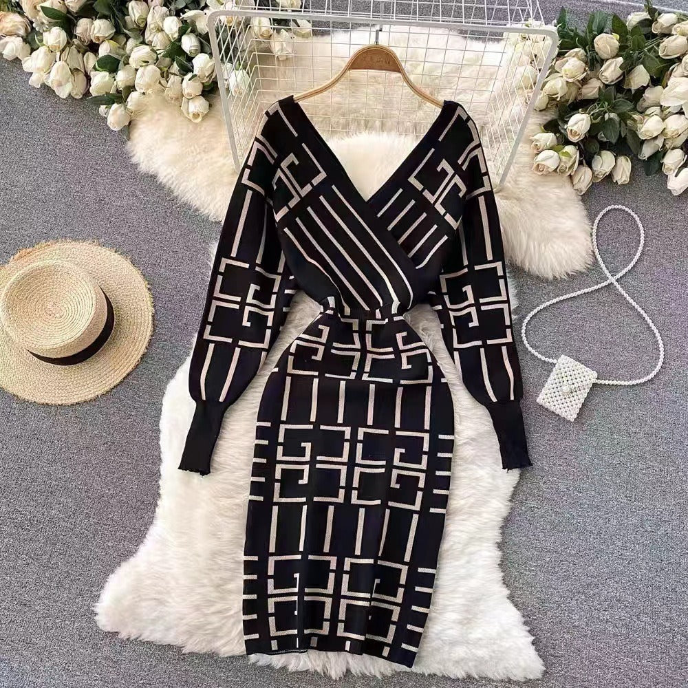 Women's Fall Fashion V-neck Geometric Bodycon Sweater Dress