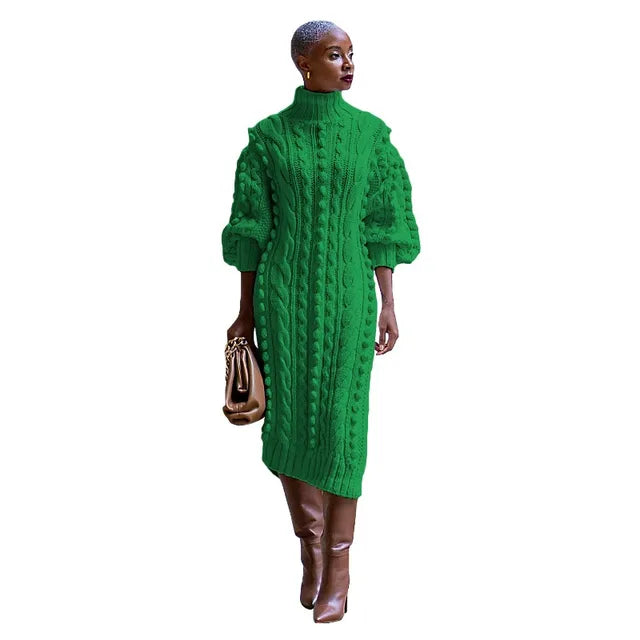 Women's Solid Green Braid Knitted Casual Long Dress Fall Autumn Winter Turtleneck Long Sleeve Side Split Fashion Sweater Dresses Streetwear