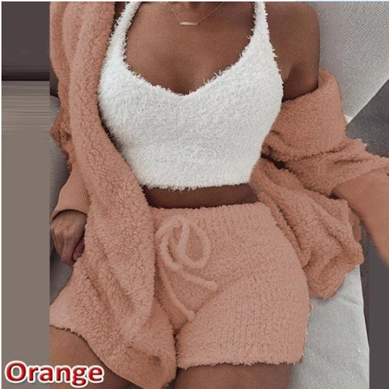 Women's Winter Plush Pajama Crop Top Shorts Set Casual Three-Piece Set 3-Pcs Pajamas Long Sleeved Shorts sports set