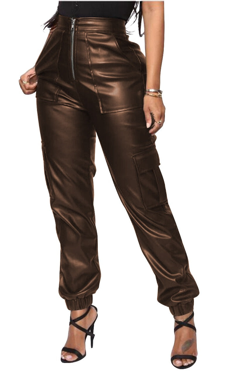 Women's Legging Faux Leather Cargo Pants Mid-Waist Pants