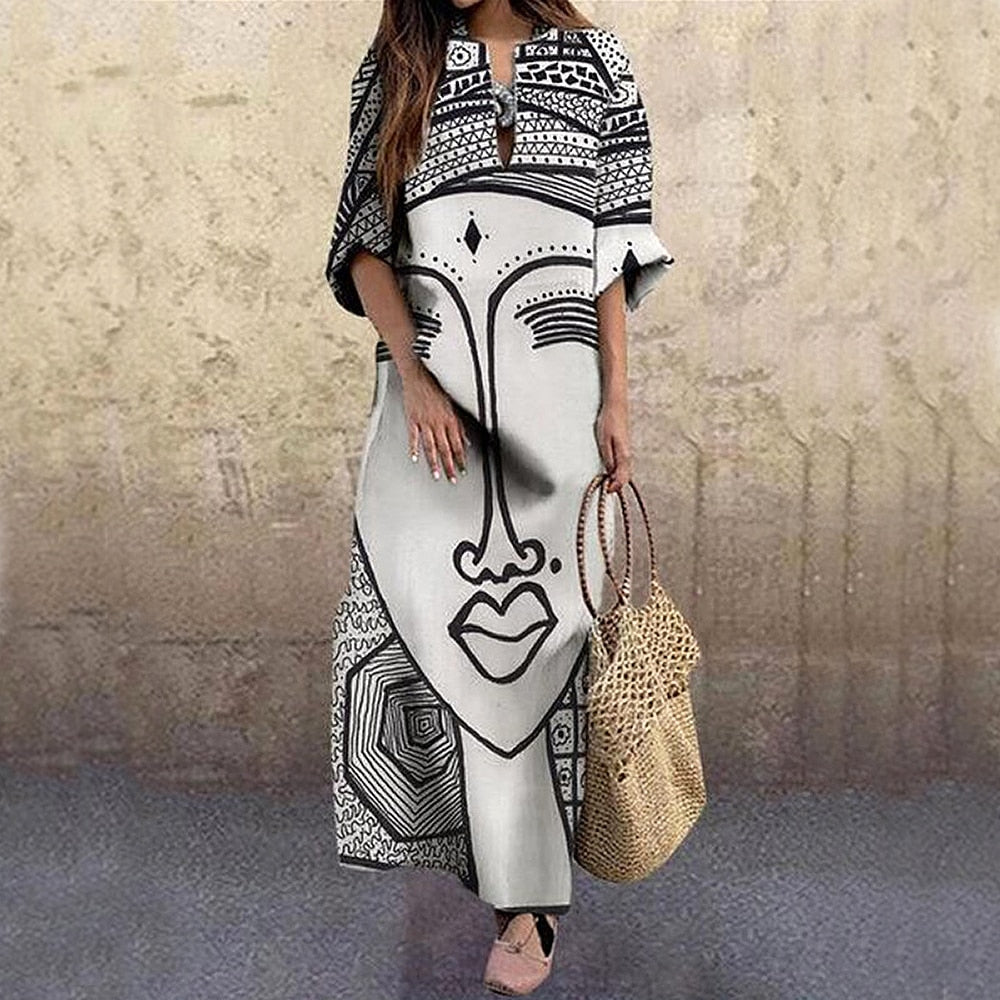 Women's Vintage Portrait Print Dress Abstract Face Women Dresses