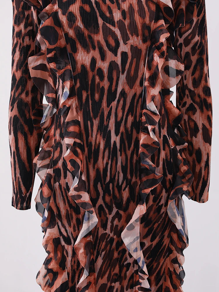 Women's Vintage Leopard Print Pleated Maxi Dress Ruffles Spliced Long Sleeves Maxi Dress Fashion