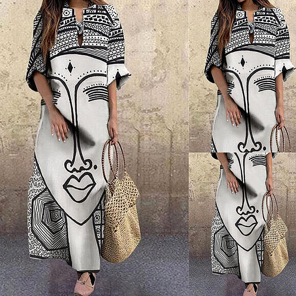 Women's Vintage Portrait Print Dress Abstract Face Women Dresses