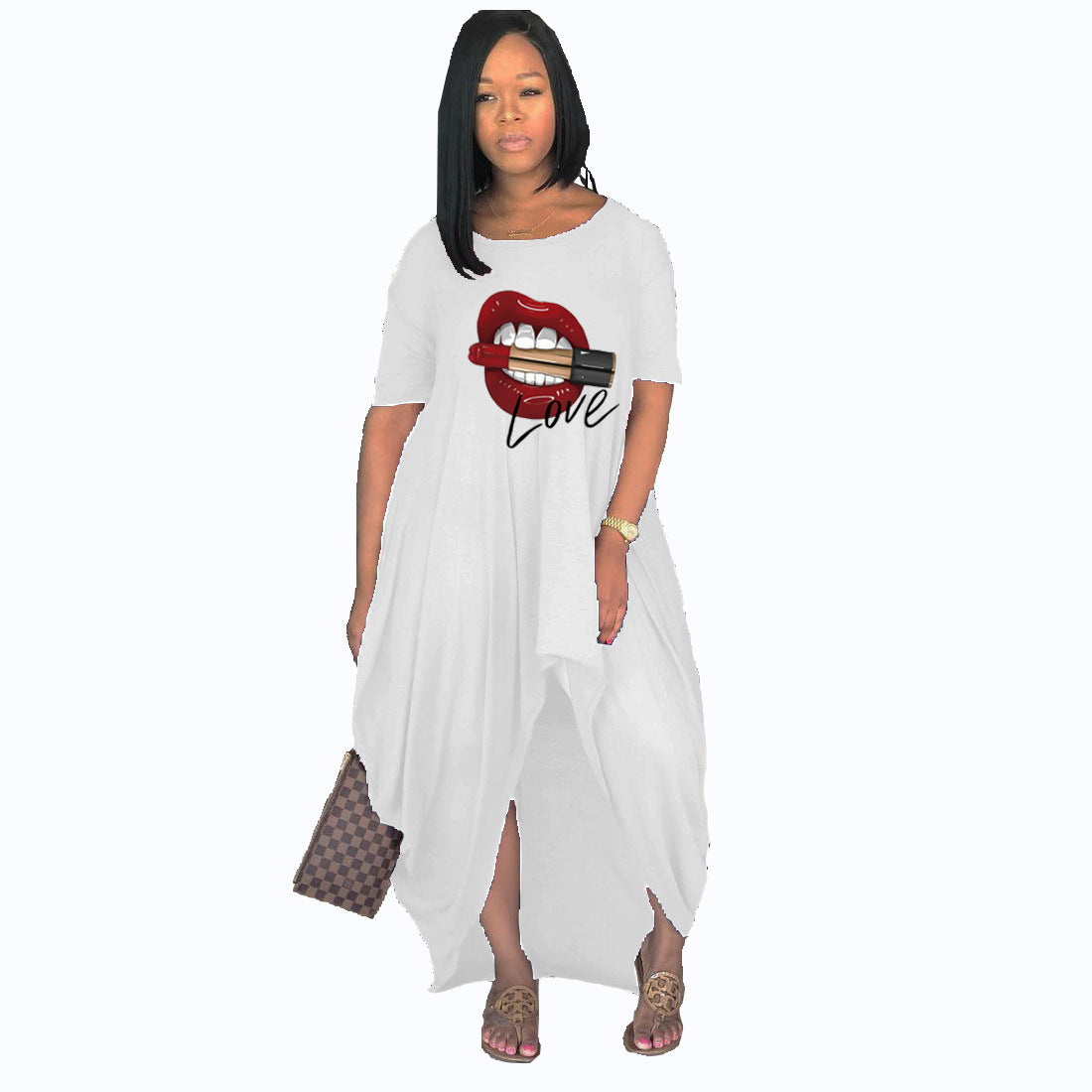 Plus Size Women Fashion Offset Lip Slit Long Short Sleeve Dress