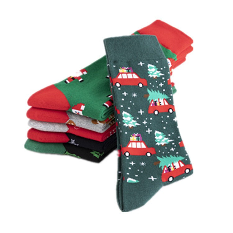 Christmas Colorful Fashion Socks Medium-High Cotton Socks Large Size Christmas Elements Casual Trendy Men's Socks