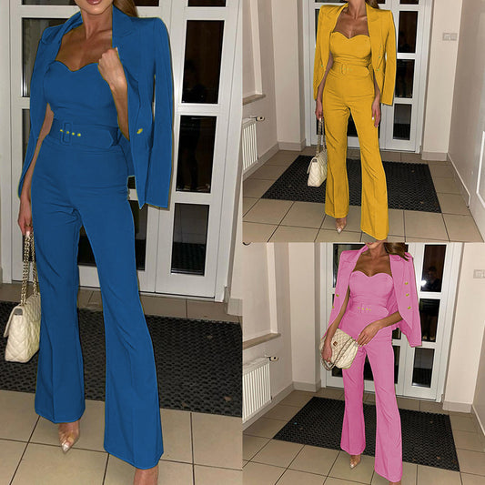 Women's Fashion Long Sleeve Small Suit Jumpsuit Two-piece Suit with Blazer - Clothing Personality