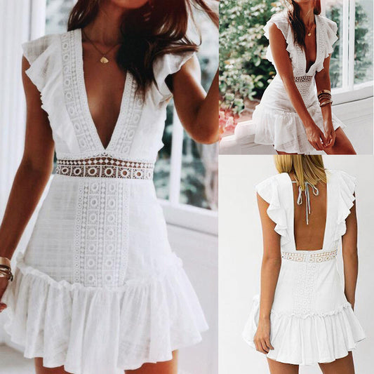 Women's Cap Sleeve Plunging V-neck Sexy Backless Mini Babydoll Dress Lace White High Waist Dress
