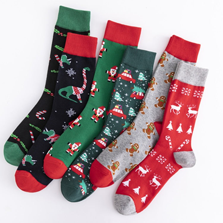 Christmas Colorful Fashion Socks Medium-High Cotton Socks Large Size Christmas Elements Casual Trendy Men's Socks