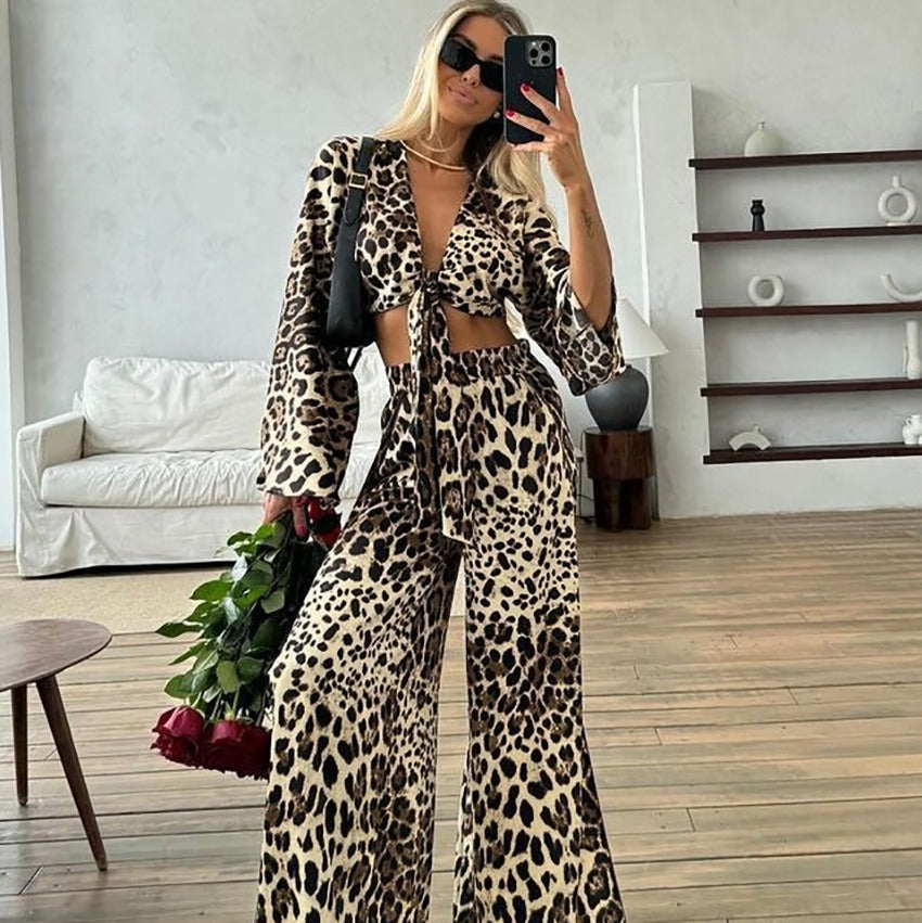 Women's Leopard Print Pajamas Pants and Top Long Sleeve Two-Piece Pajama Sets Lightweight