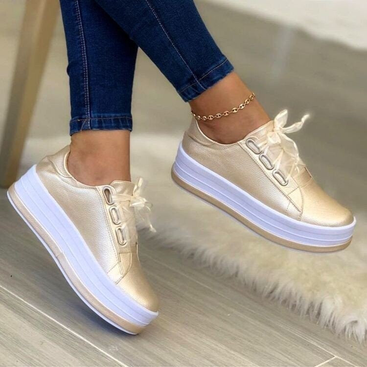Fashion Flats Sneakers Women Ribbon Lace-up Platform Shoes - Clothing Personality