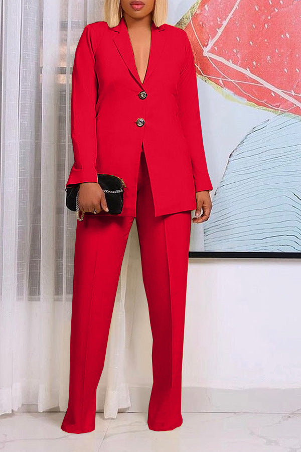 Women's Solid Color Suit Collar Two Button Two-piece  Pants Set Suit Business