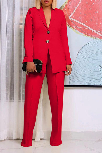 Women's Solid Color Suit Collar Two Button Two-piece  Pants Set Suit Business