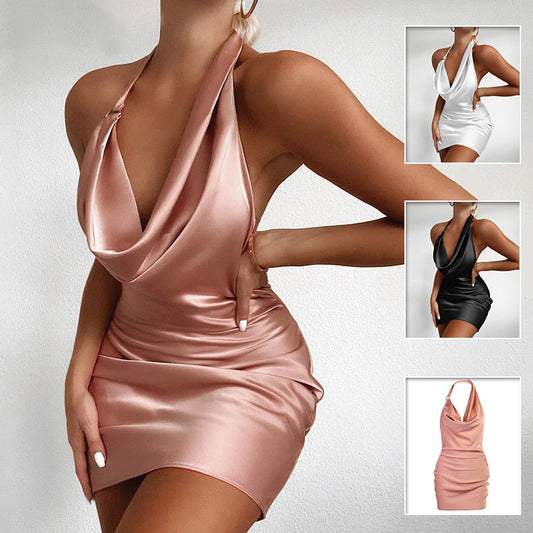 Satin Party Dress V Neck Backless Mini Sleeveless Summer Party Dress - Clothing Personality