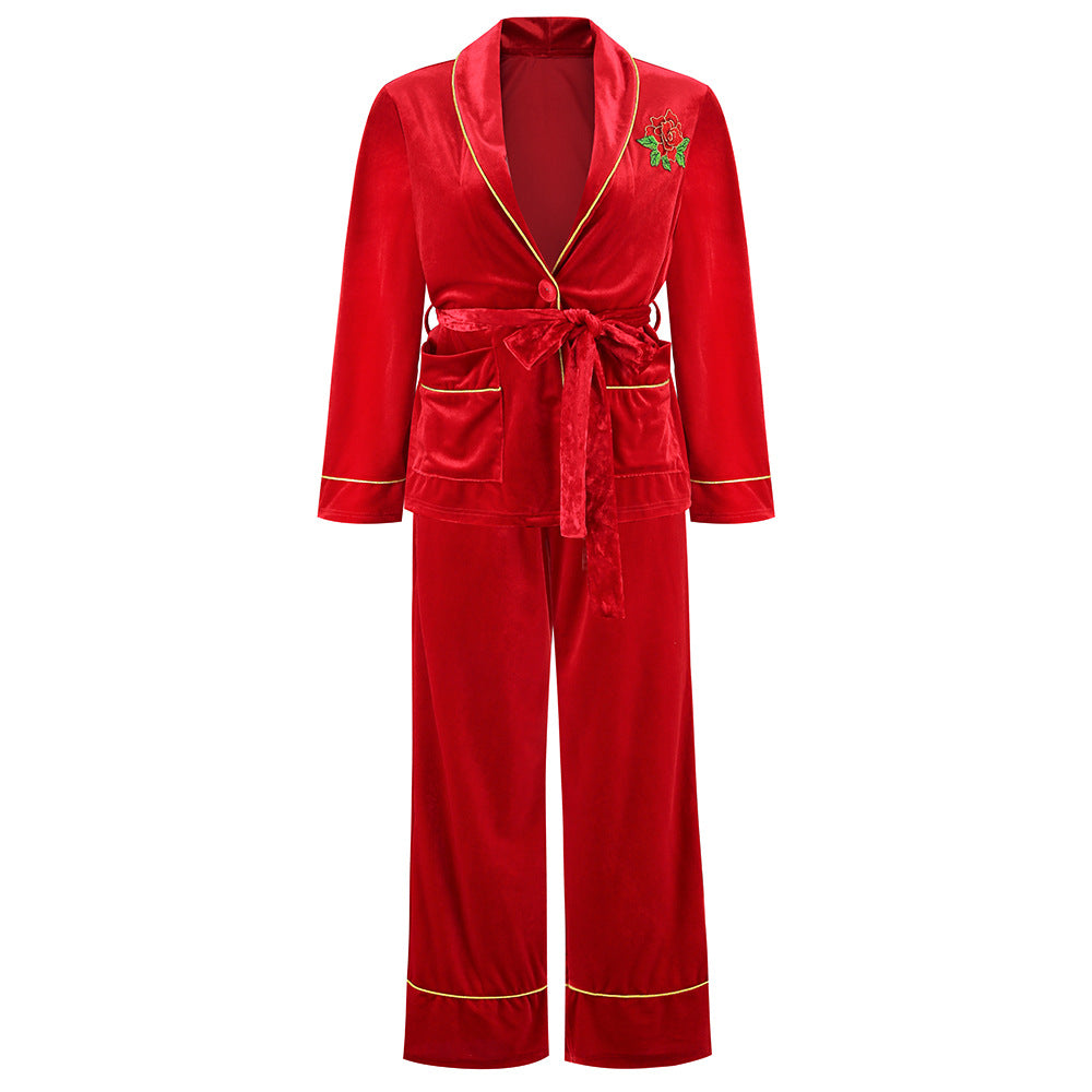 Women's Pajamas Set Korean Velvet Rose Embroidered Gold Pocket Pajama Top and Bottom