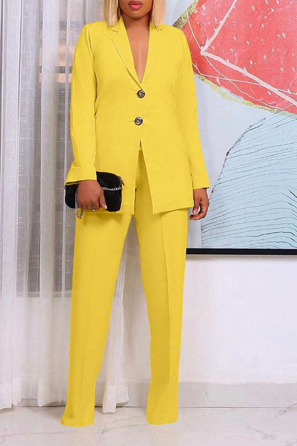 Women's Solid Color Suit Collar Two Button Two-piece  Pants Set Suit Business