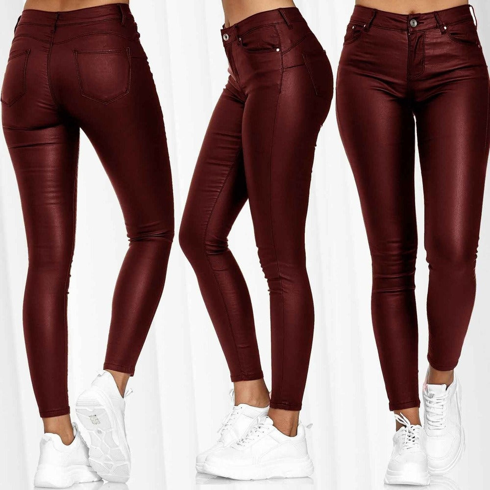 Women's Fall and Winter High Waist Solid Color Faux Leather Casual Pants Faux Leather Pants Long Pants Women