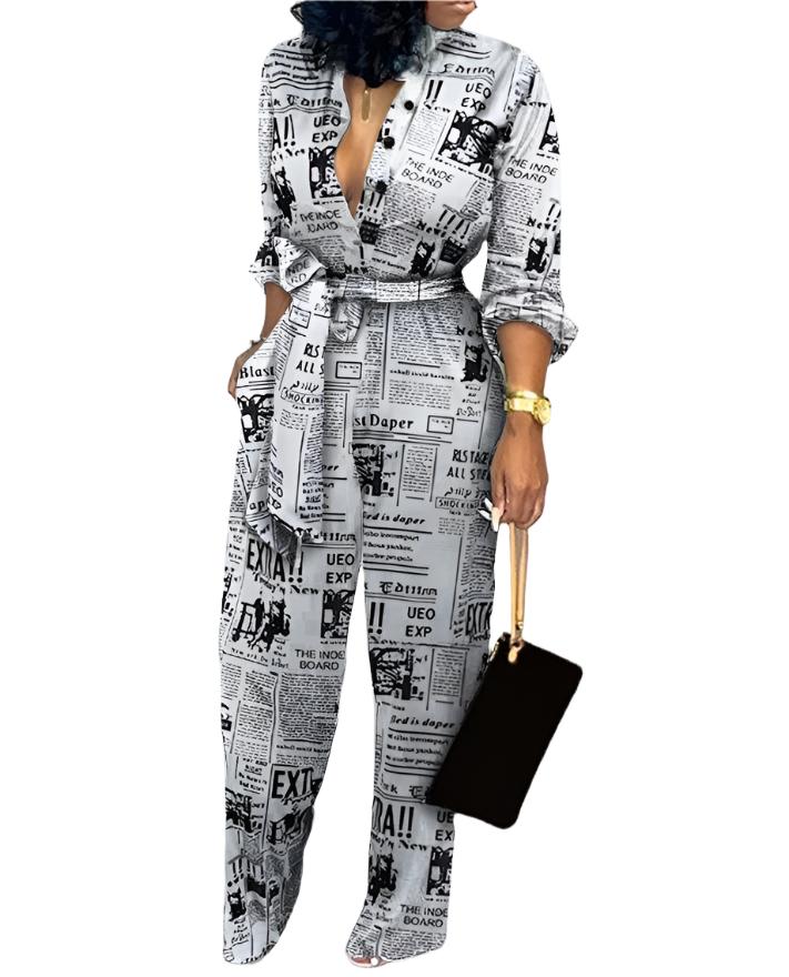 Women's Fall Sexy Long Sleeve Lace-Up Printed Jumpsuit