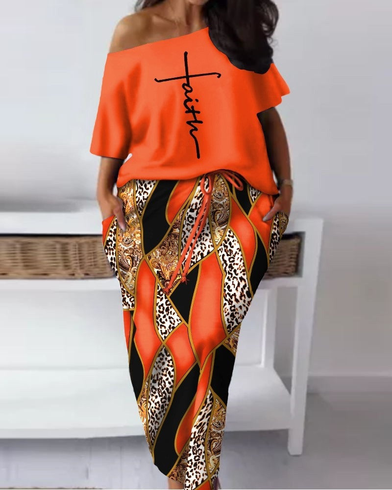 Women's Faith Print Leopard Print Off-Shoulder Top and Skirt Set Women's Baroque Print Off-Sholder Top and Skirt Set