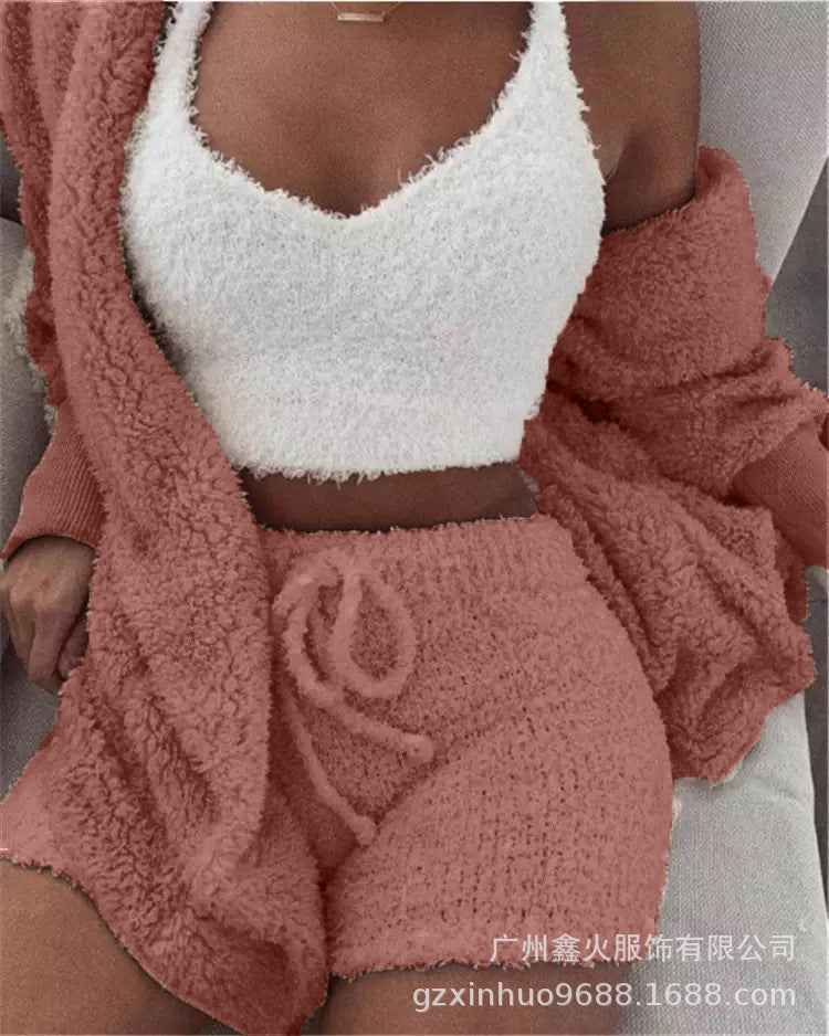 Women's Winter Plush Pajama Crop Top Shorts Set Casual Three-Piece Set 3-Pcs Pajamas Long Sleeved Shorts sports set