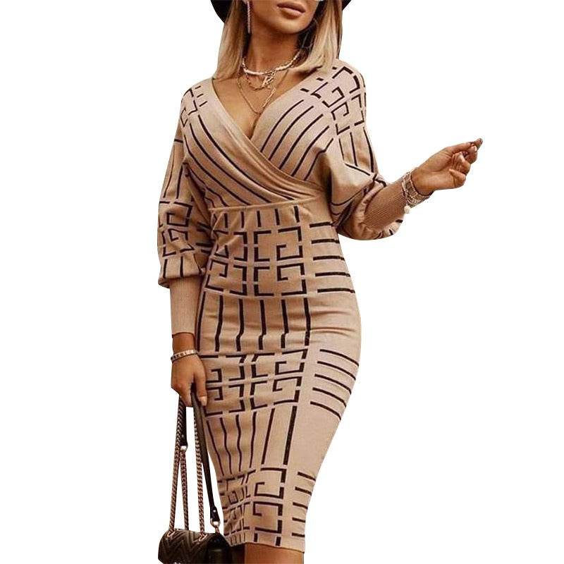 Women's Fall Fashion V-neck Geometric Bodycon Sweater Dress