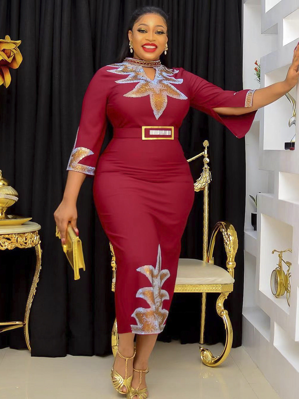 Women's Plus Size Mid-sleeve Beaded Rhinestone Party Dress - Clothing Personality