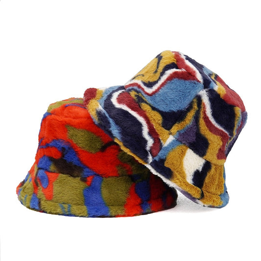 Colorful Unique Autumn Winter Camouflage Faux Fur Bucket Hats Fashion Warm Soft Velvet Fluffy Fisherman Hat Ladies Outdoor Panama