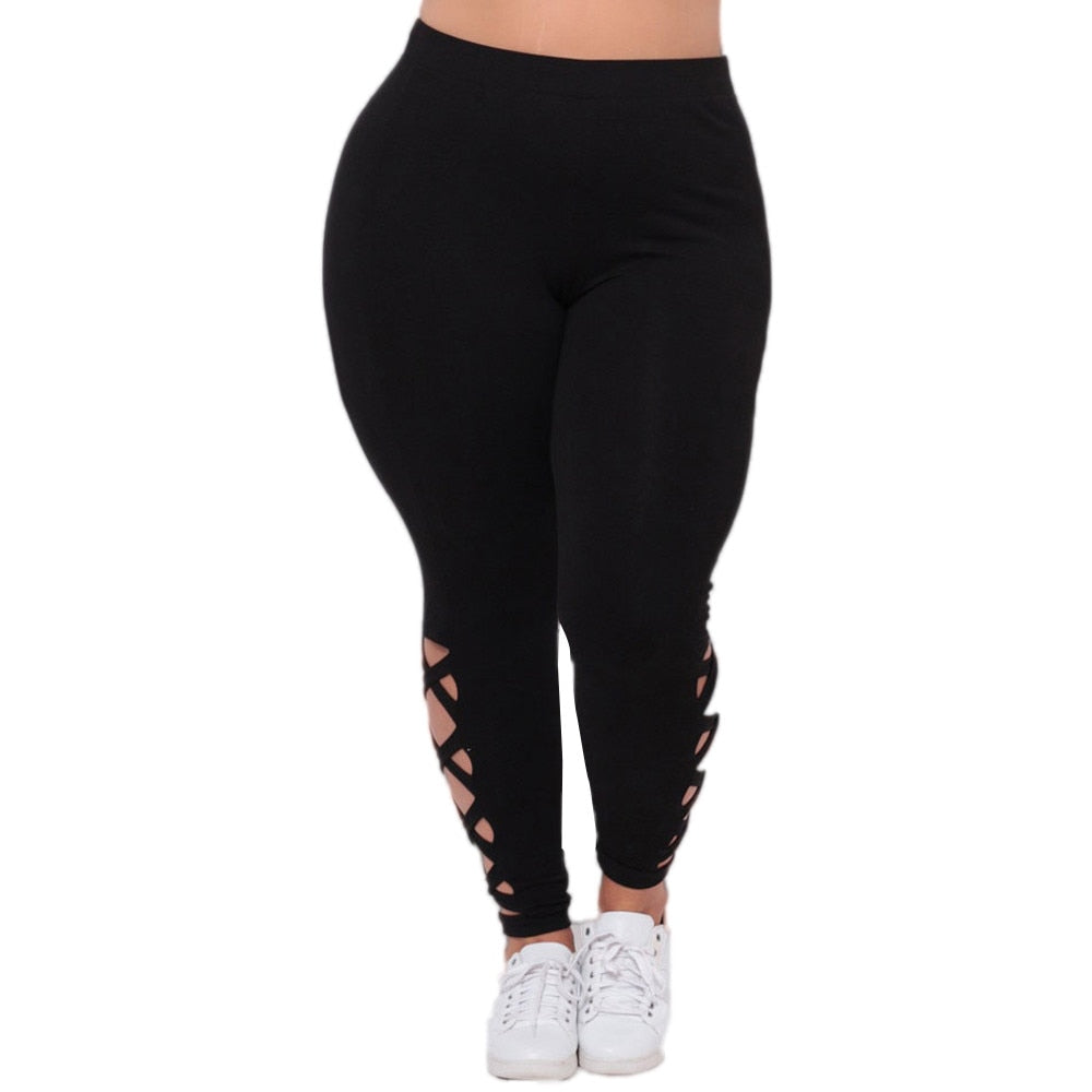 Women's Plus Size Criss-Cross Cutout Hollow Out High-Rise Leggings Solid Color