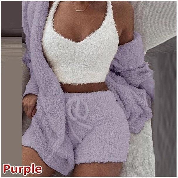 Women's Winter Plush Pajama Crop Top Shorts Set Casual Three-Piece Set 3-Pcs Pajamas Long Sleeved Shorts sports set