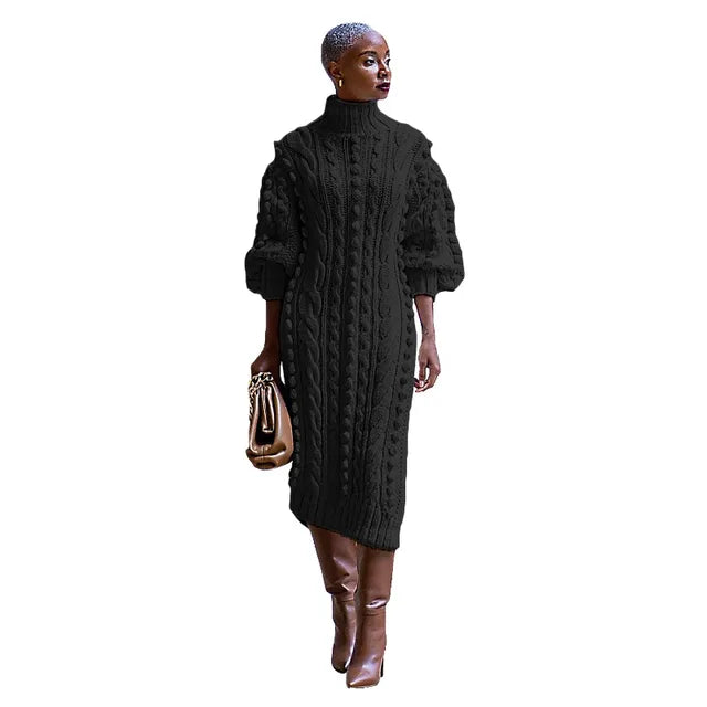 Women's Black Braid Knitted Casual Long Dress Fall Autumn Winter Turtleneck Long Sleeve Side Split Fashion Sweater Dresses Streetwear