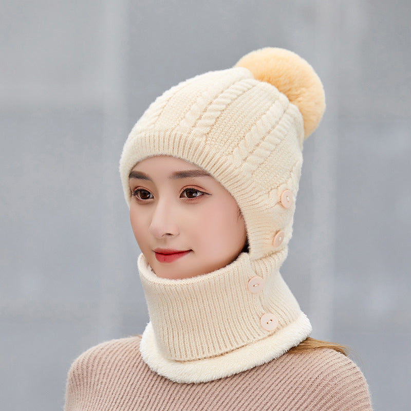 Winter Women's All in One Warm Hat Knitted Neck Scar Mask One Piece Hat Outdoor Cycling Plush Wool Hat