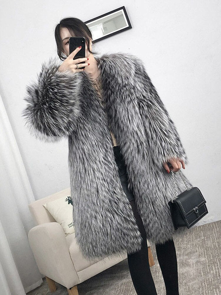 Women's Winter Medium-Length Faux Fox Fur Coat Leather