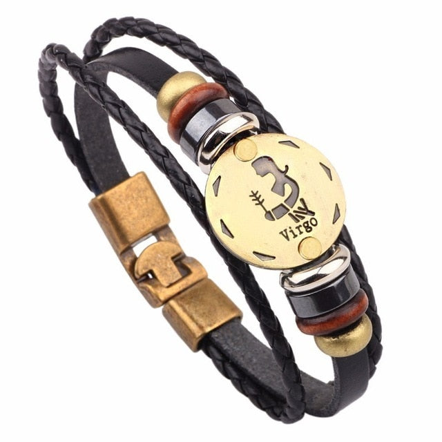 12 Horoscope Leather Bracelet Men Jewelry Vintage Retro Charm Bracelet Male Jewelry 8.2