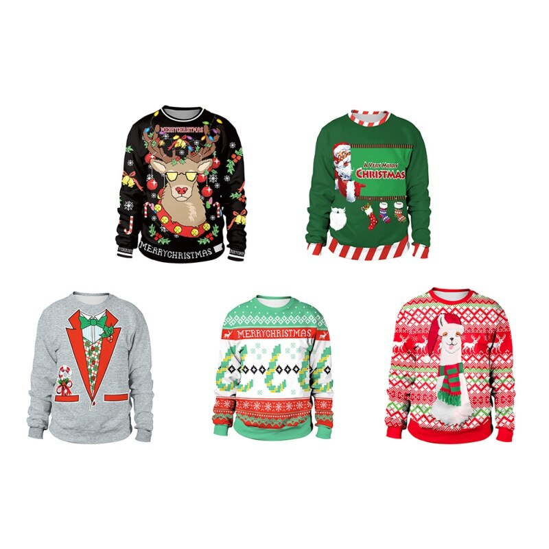 Women Men Christmas Sweater Winter Unisex Christmas Casual Loose Long-sleeved Round Neck Print Sweater Light