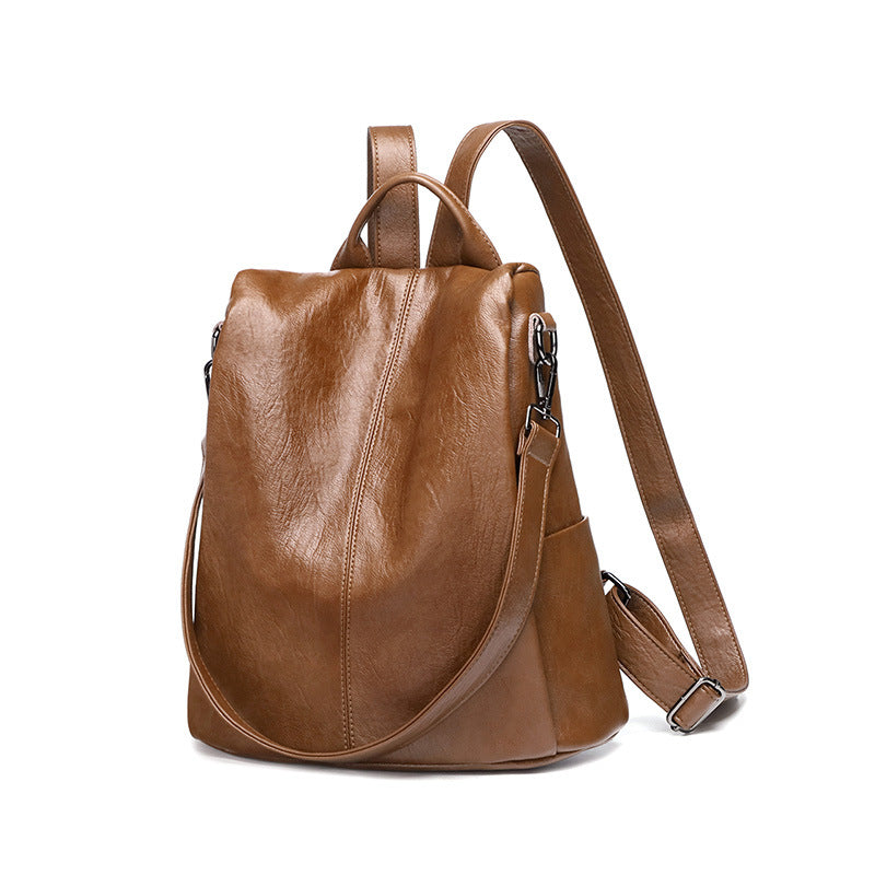 Women's New Leather Casual Fashion Brown Backpack Ladies Anti-Theft Backpack Soft Leather Student Schoolbag