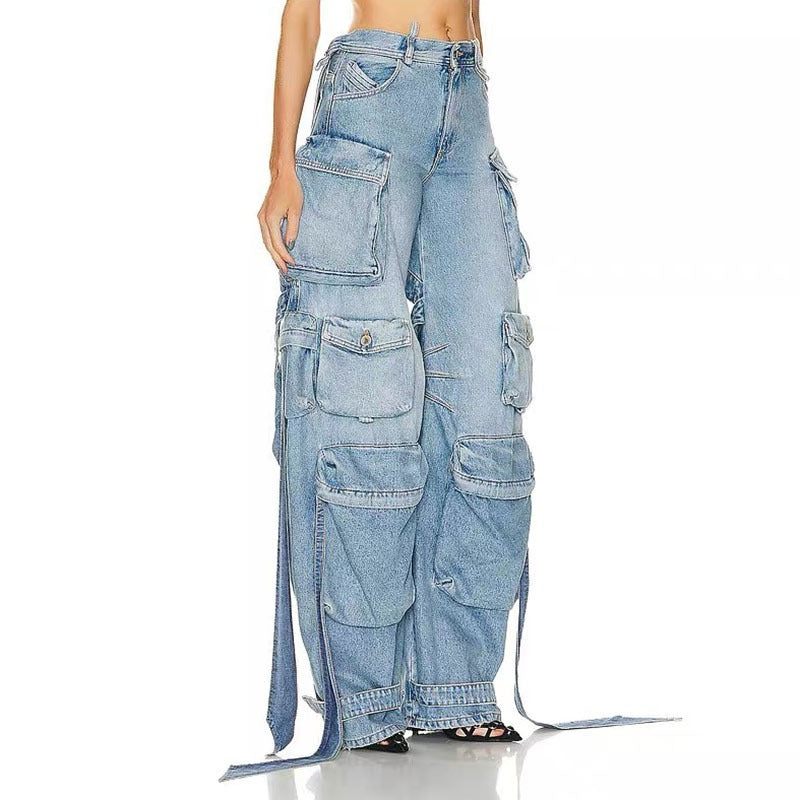 Women's Designer Cargo Denim Wide Leg Jeans Pants Decorative Straps Split Back Jeans