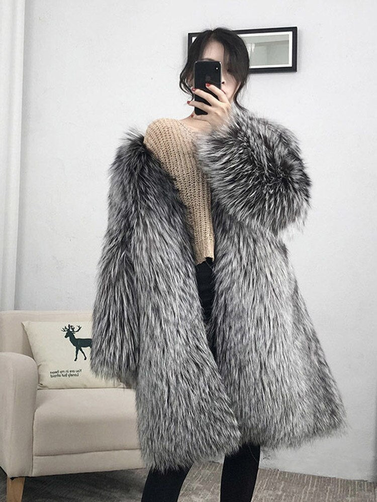 Women's Winter Medium-Length Faux Fox Fur Coat Leather